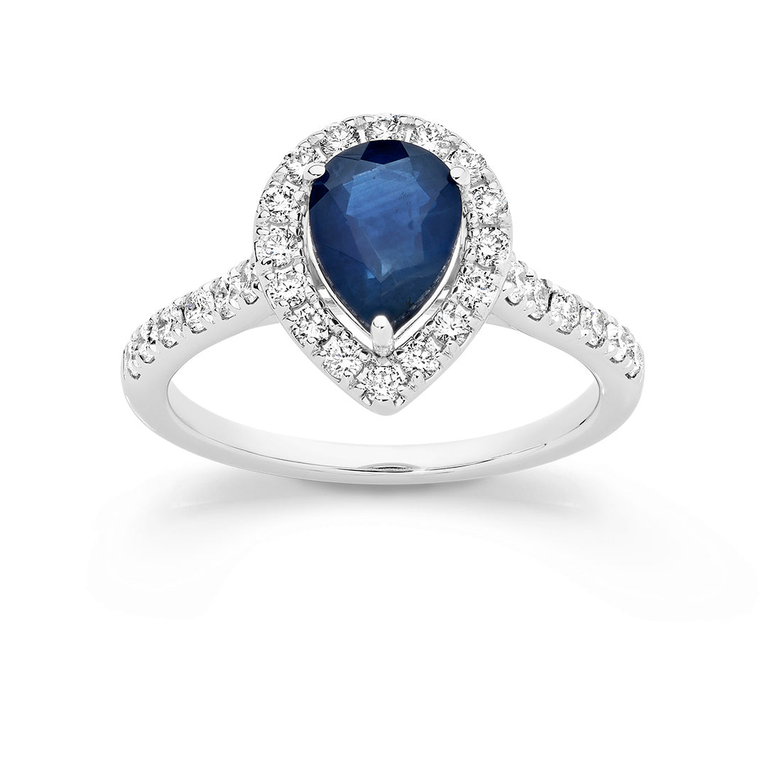 18ct White Gold Sapphire & Diamond Pear Halo Ring