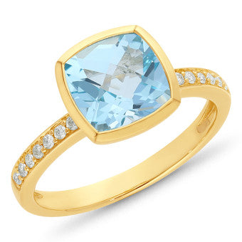 9ct Yellow Gold Blue Topaz & Diamond Ring