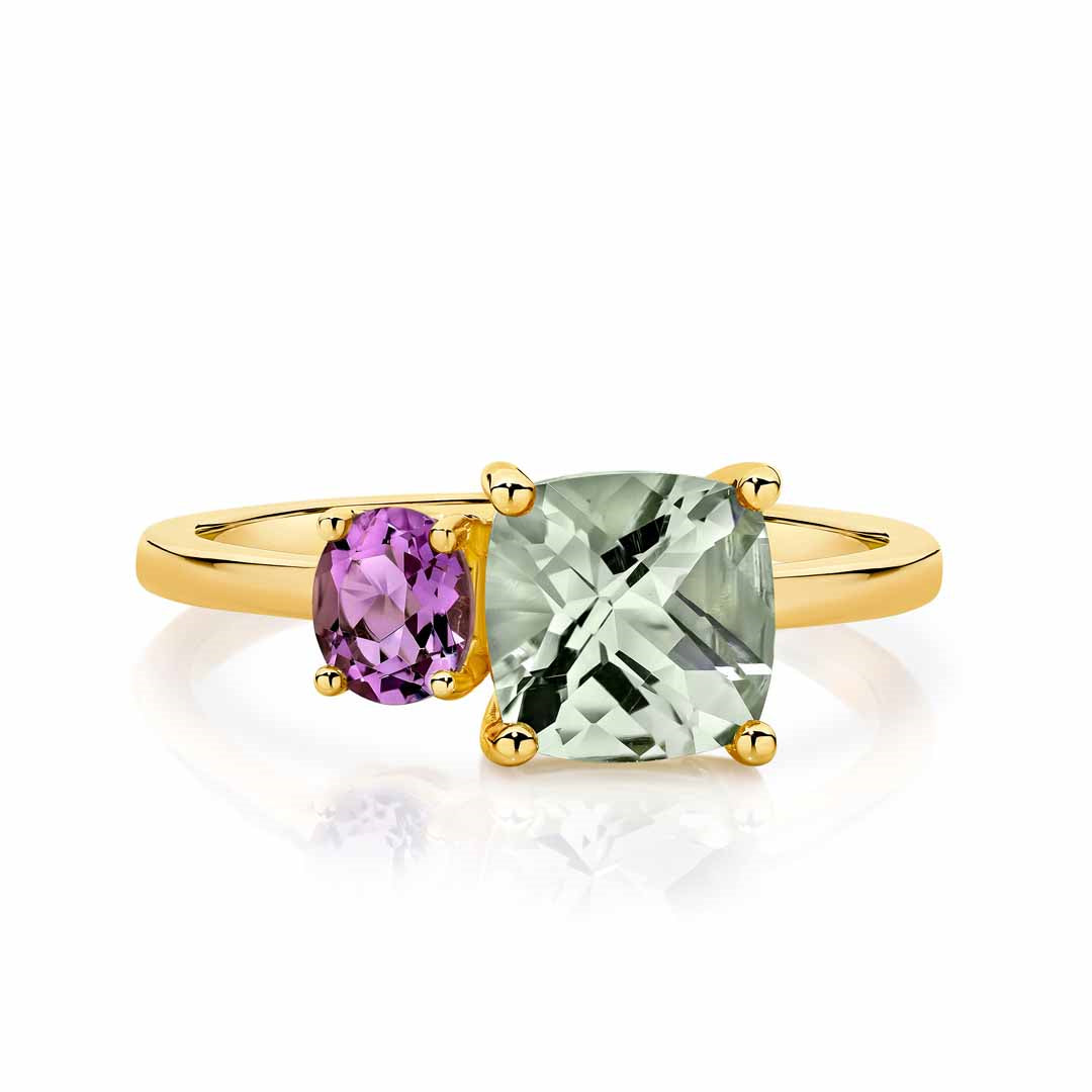 9ct Yellow Gold Green Amethyst & Amethyst Cushion & Oval Double Ring