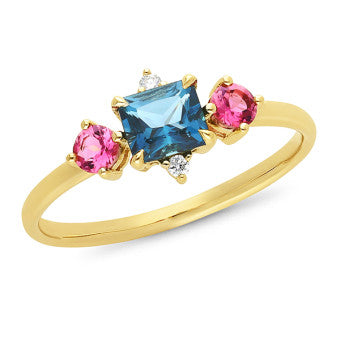 9ct Yellow Gold London Blue Topaz, Pink Tourmaline & Diamond Ring