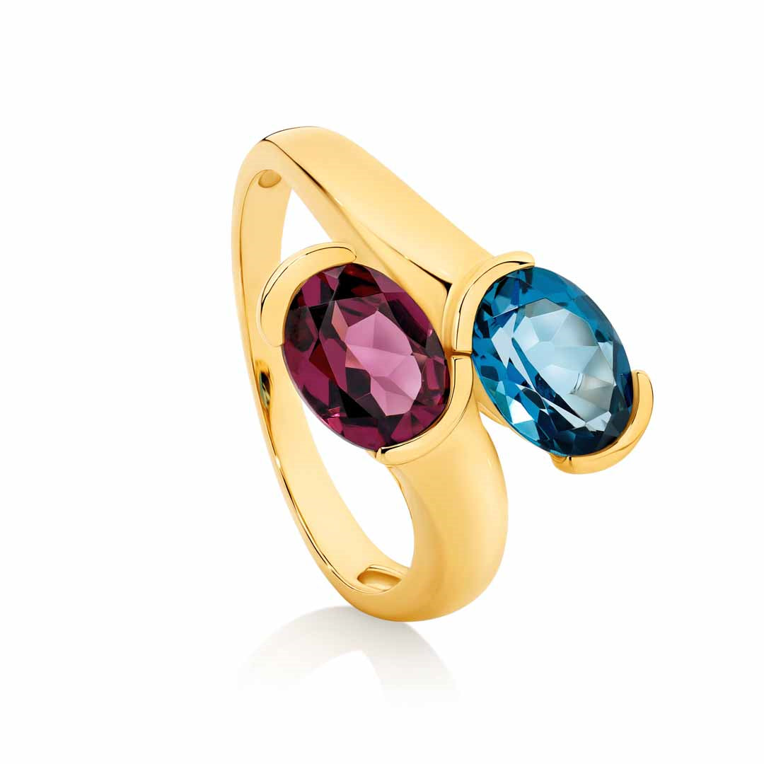 9ct Yellow Gold Double Oval London Blue Topaz & Rhodolite Crossover Ring