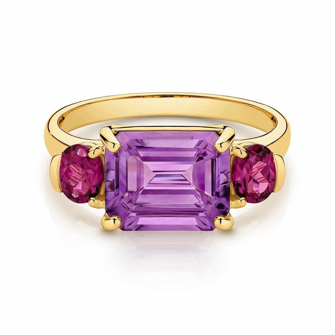 9ct Yellow Gold Amethyst & Rhodolite Ring