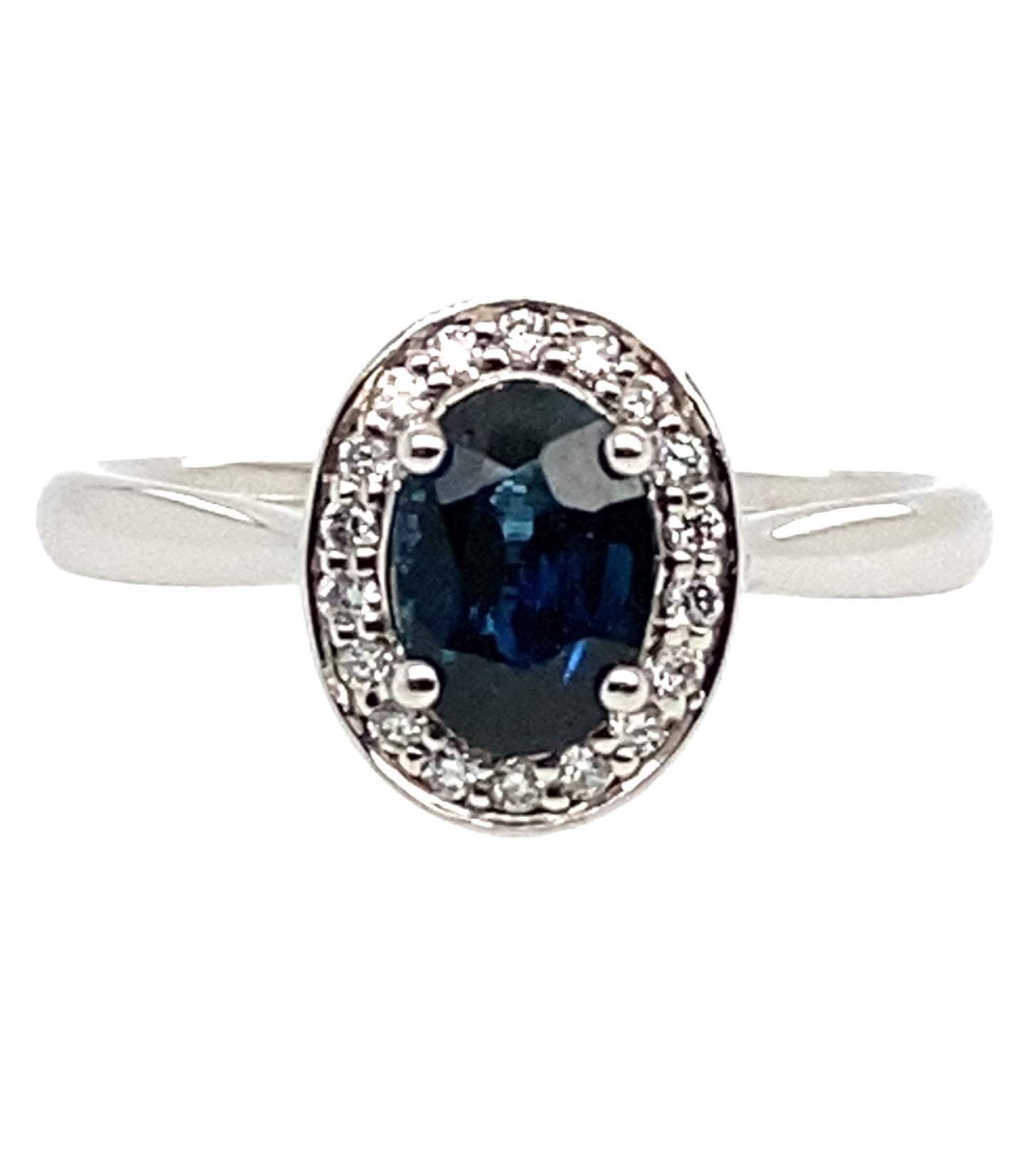 9ct White Gold Natural Oval Sapphire Diamond Ring | 7x5mm 18=0.13ct
