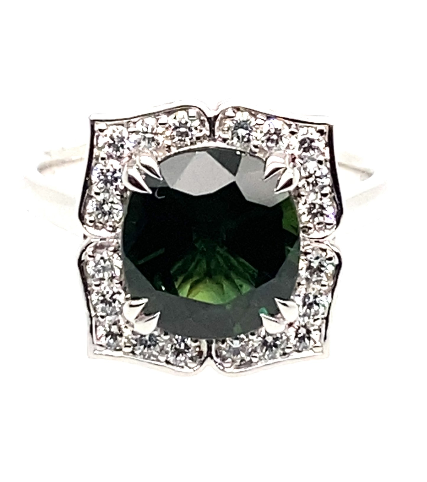 18ct White Gold Parti Sapphire Surrounded Diamond Halo Ring