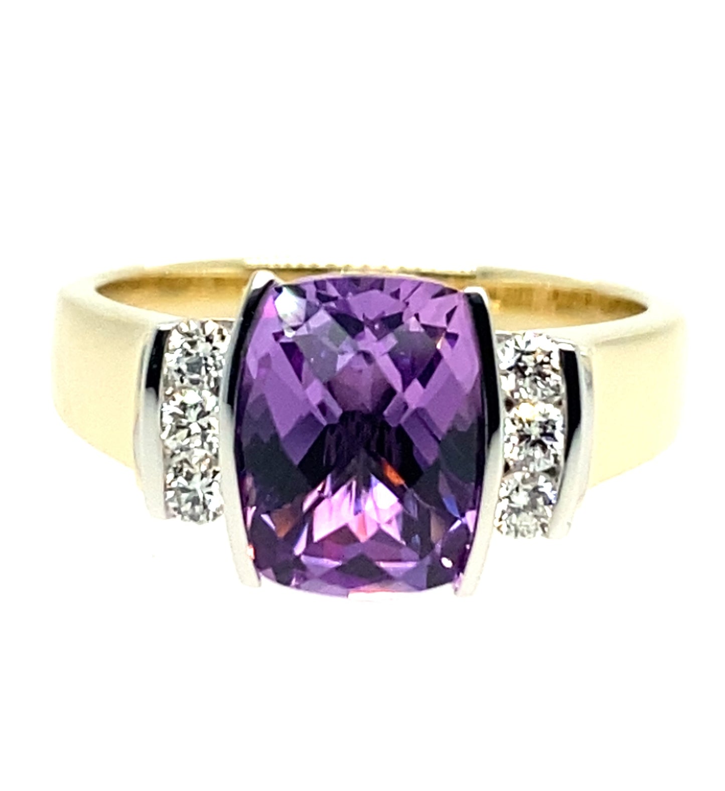 9ct Yellow/White Gold Cushion Amethyst & Diamond Ring