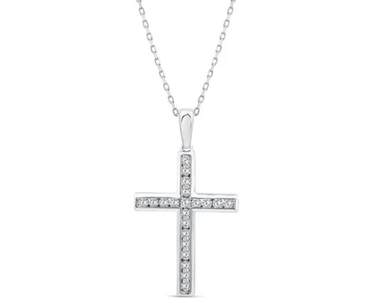 9ct White Gold Diamond Cross Pendant with 40-45cm Chain
