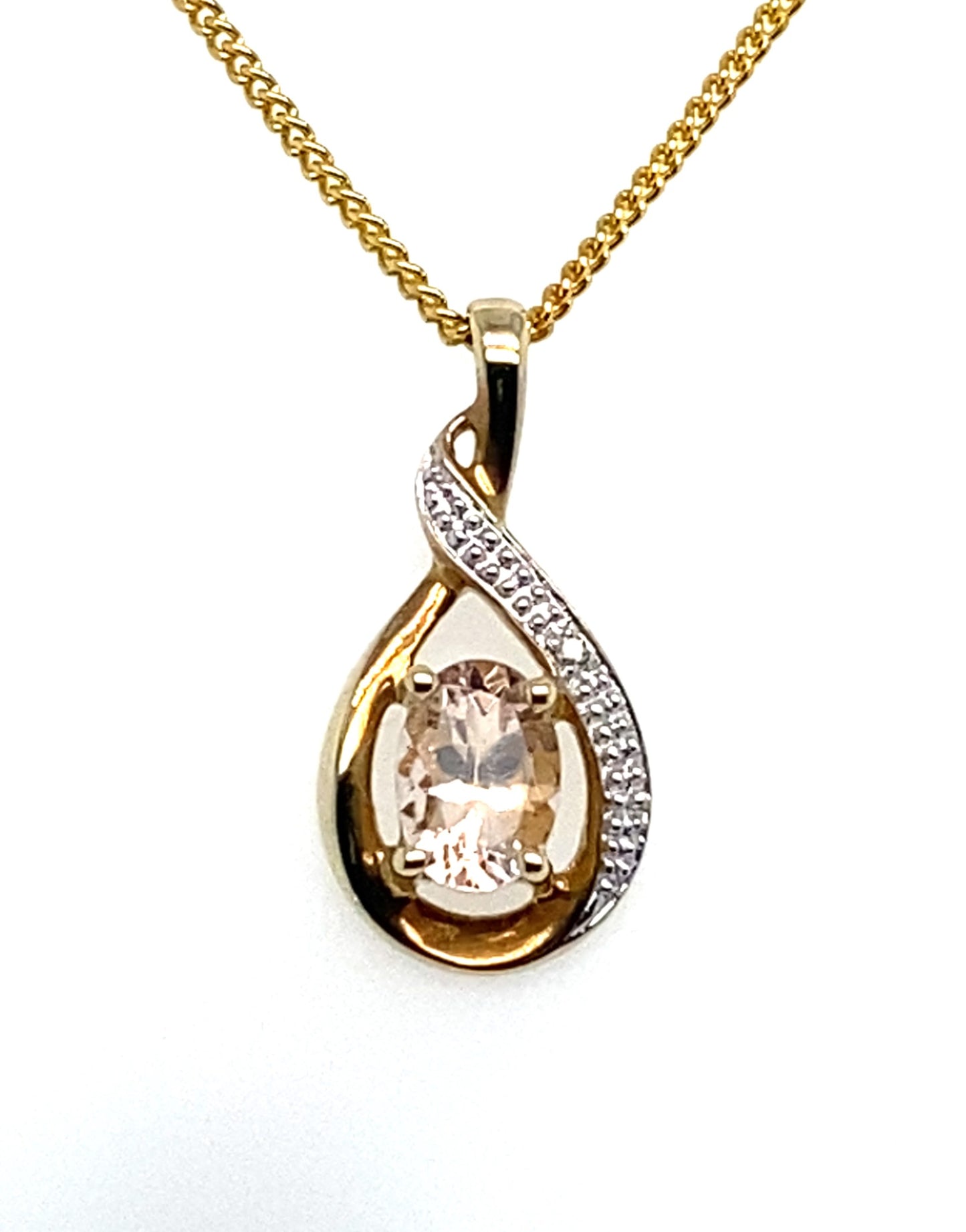 9ct Yellow Gold Diamond & Morganite Teardrop Pendant