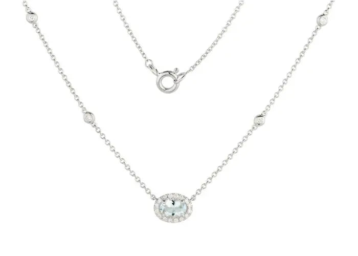 9ct White Gold Aquamarine & Diamond Halo Pendant & Chain