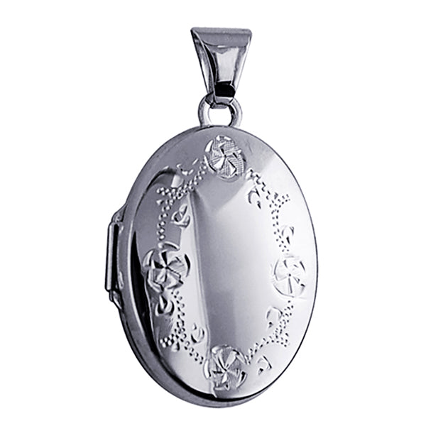 9ct White Gold Oval Locket 21mm with Floral Border