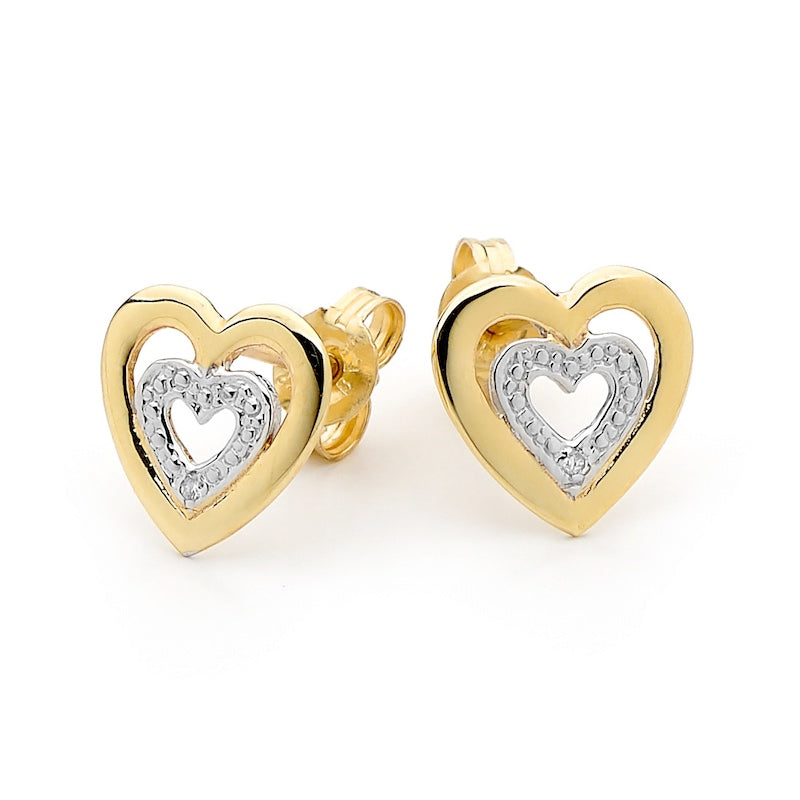 9ct Two Tone Gold Diamond Set Heart Earrings