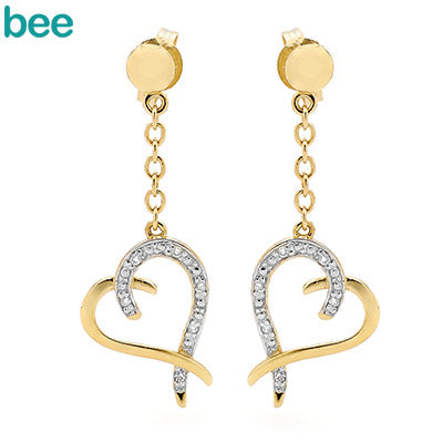 9ct Yellow Gold Diamond set Heart Drop Earrings