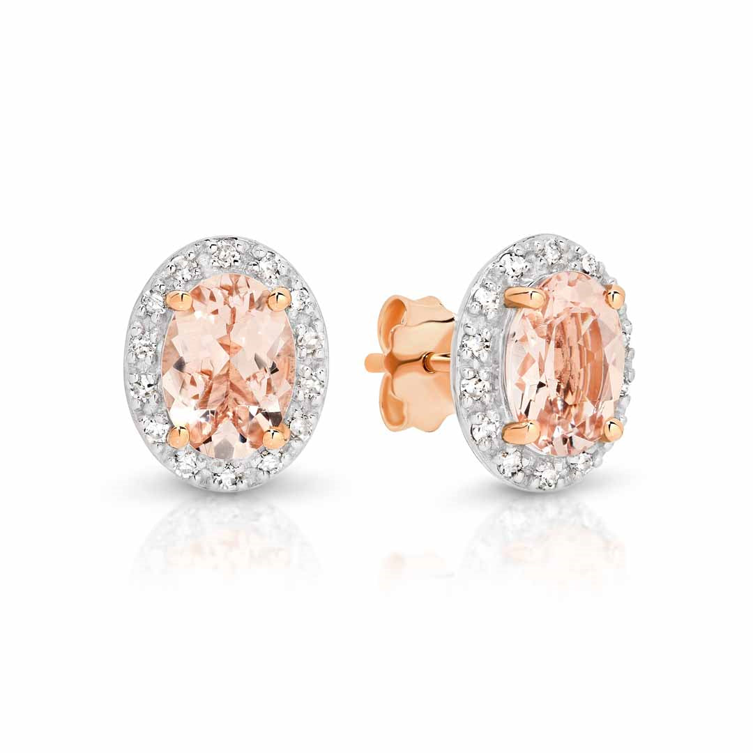 9ct Rose Gold Morganite & Diamond Oval Halo Earrings