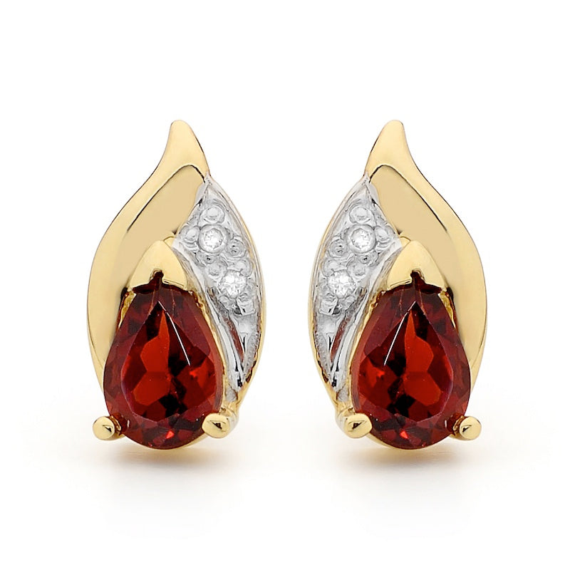 9ct Yellow Gold Garnet & Diamond Stud Earrings