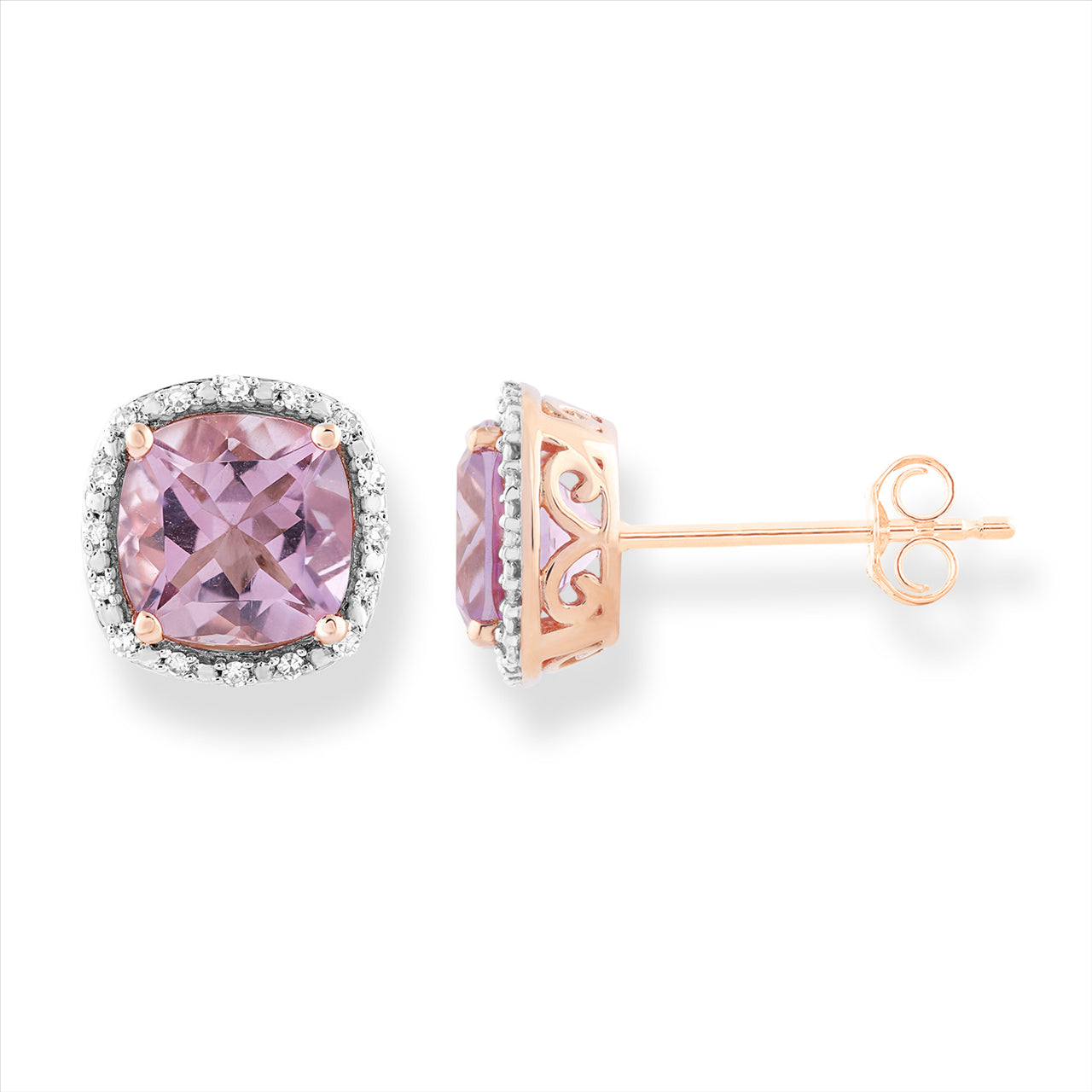 9ct Rose Gold Amethyst & Diamond Stud Earrings