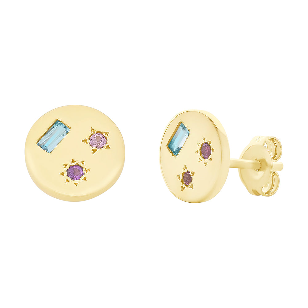 9ct Yellow Gold Blue Topaz, Amethyst & Created Pink Sapphire Stud Earrings