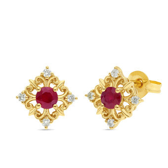 9ct Yellow Gold Natural Ruby & Diamond Stud Earrings