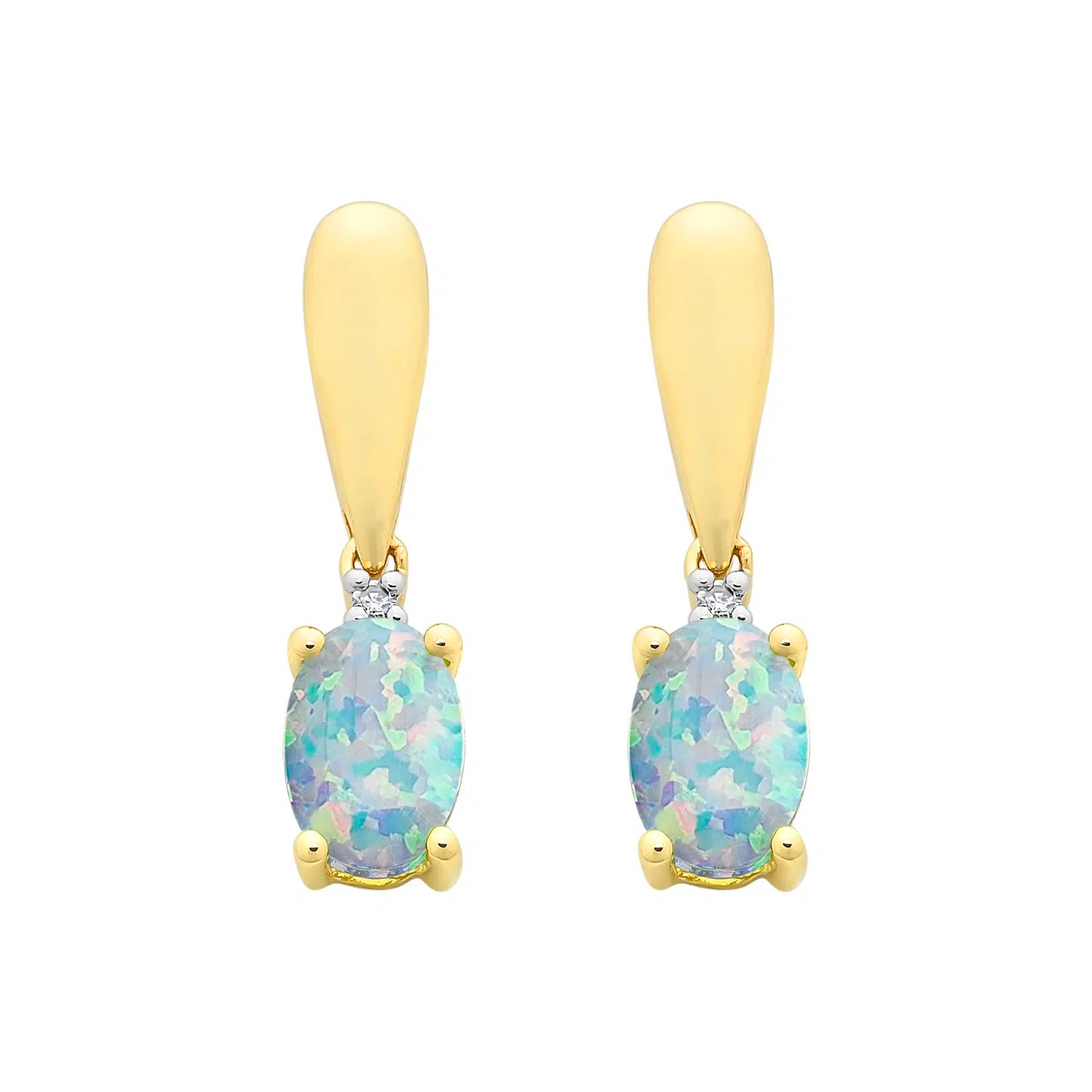 9ct Yellow Gold Created Opal & Diamond Earrings