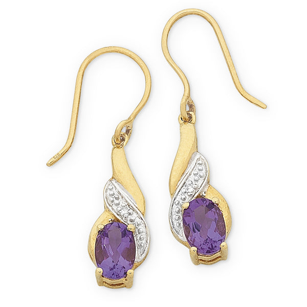 9ct YG Amethyst & Diamond Drop Earings