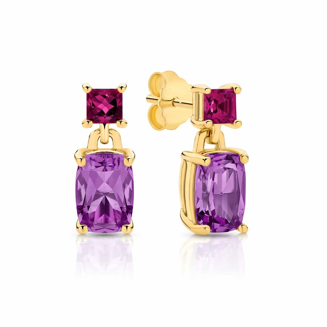 9ct Yellow Gold Amethyst & Rhodolite Stud Earrings