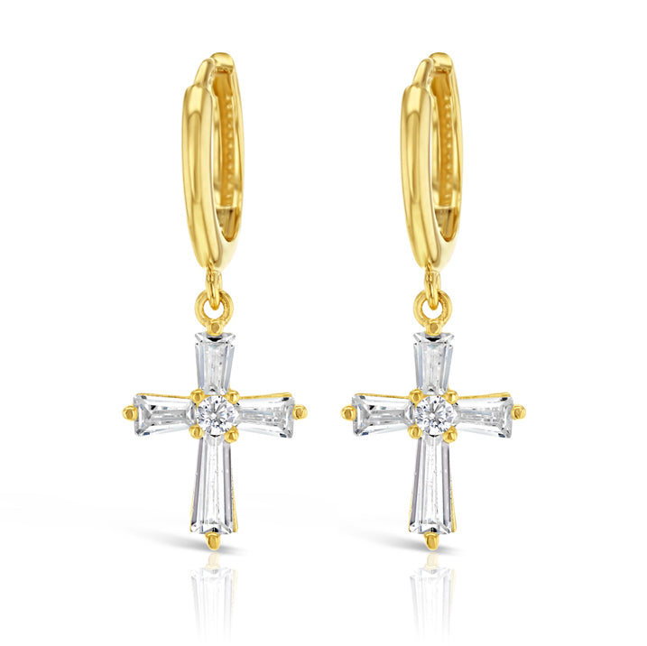 9ct Yellow Gold Huggie Earrings with Cubic Zirconia Cross