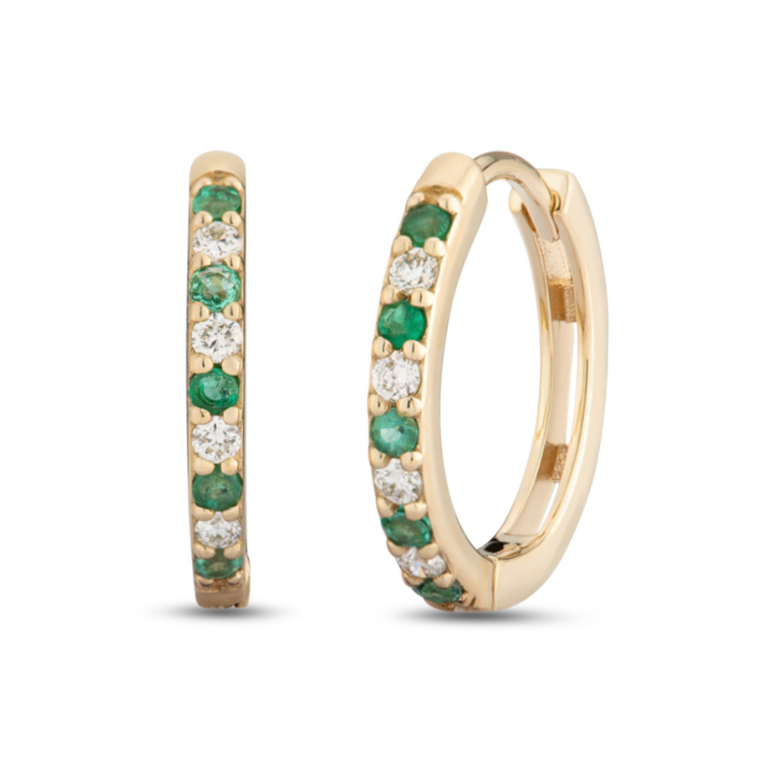 9ct Yellow Gold Emerald and Diamond Huggie Earrings