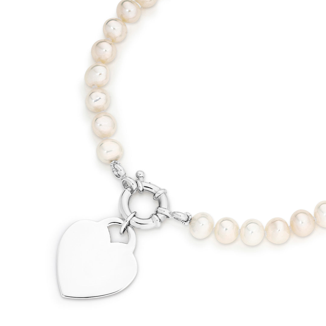 Sterling Silver Freshwater Pearl Necklace with Heart Disc