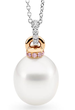 18ct White & Rose Gold Pearl Pendant with Pink & White Diamonds