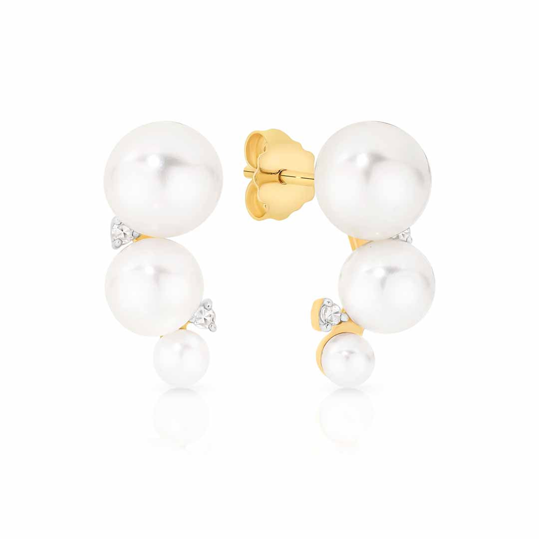 9ct Yellow Gold Pearl Drop & Diamond Earrings