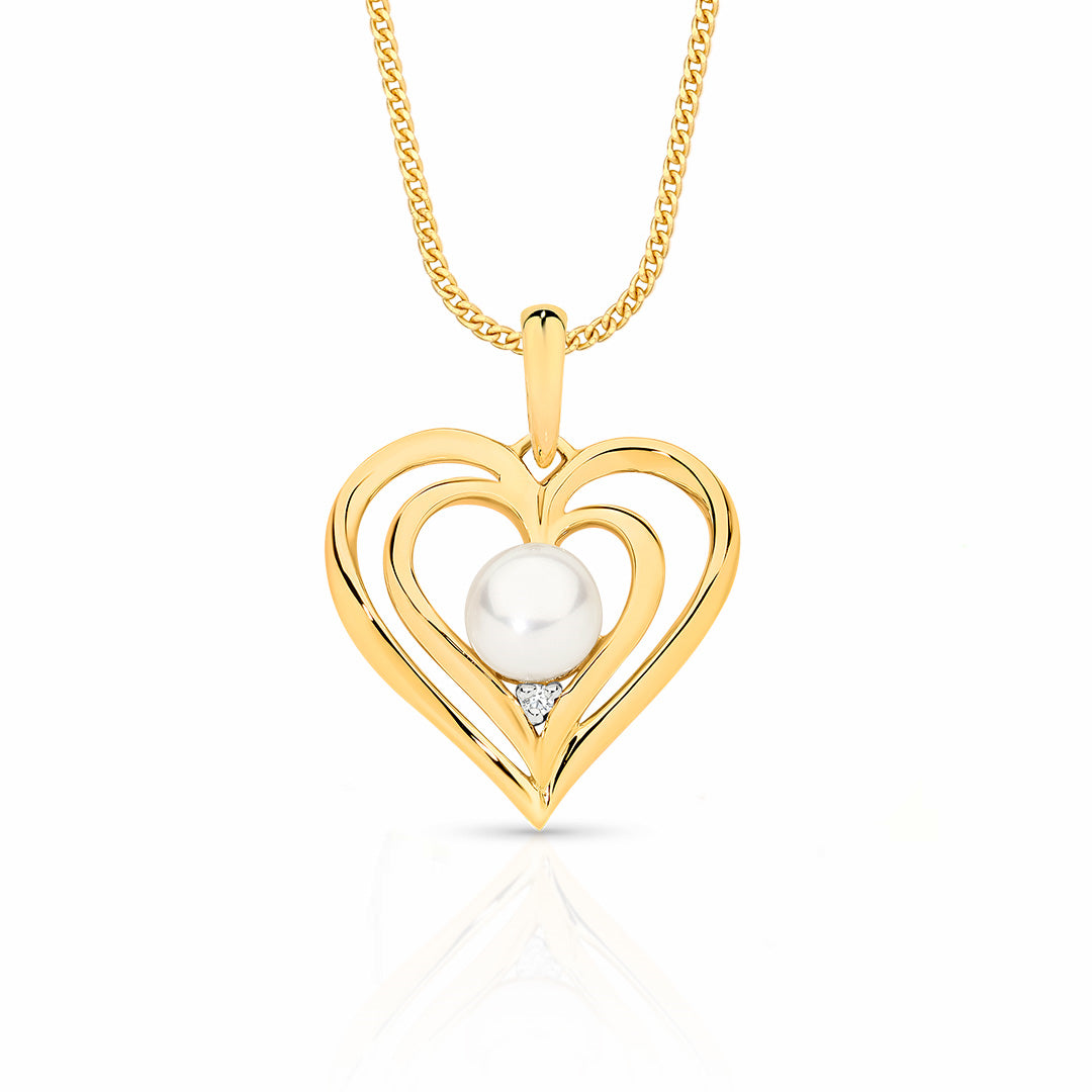 9ct Yellow Gold Freshwater Pearl & Diamond Double Heart Pendant