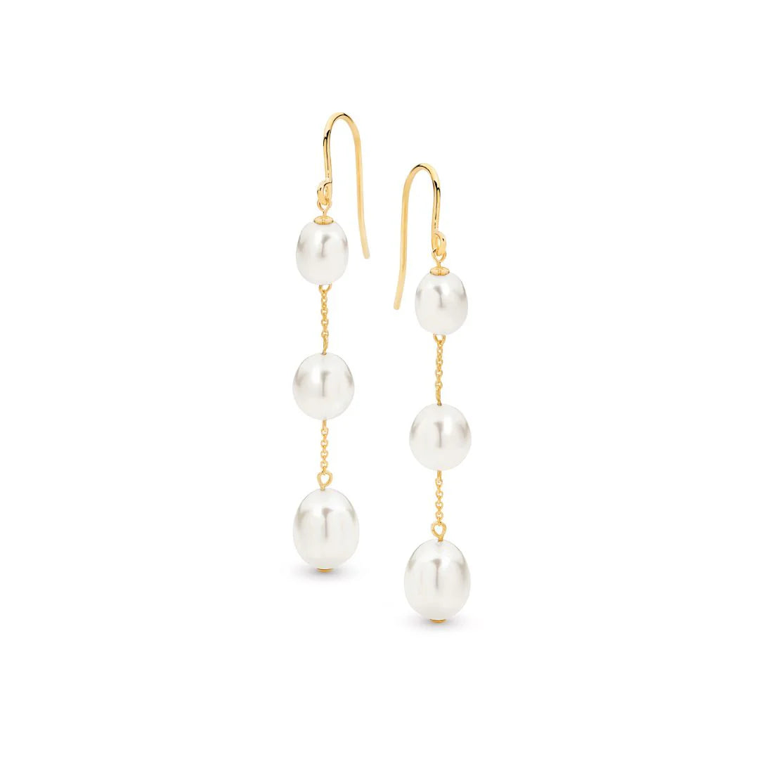 9ct yg white 5-5-7.5mm x 3 pearls drop FWP chain hook earrings