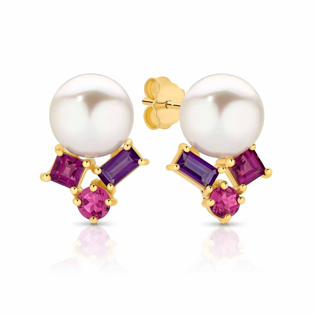 9ct Yellow Gold Pearl & Amethyst, Pink Tourmaline & Rhodalite Stud Earrings