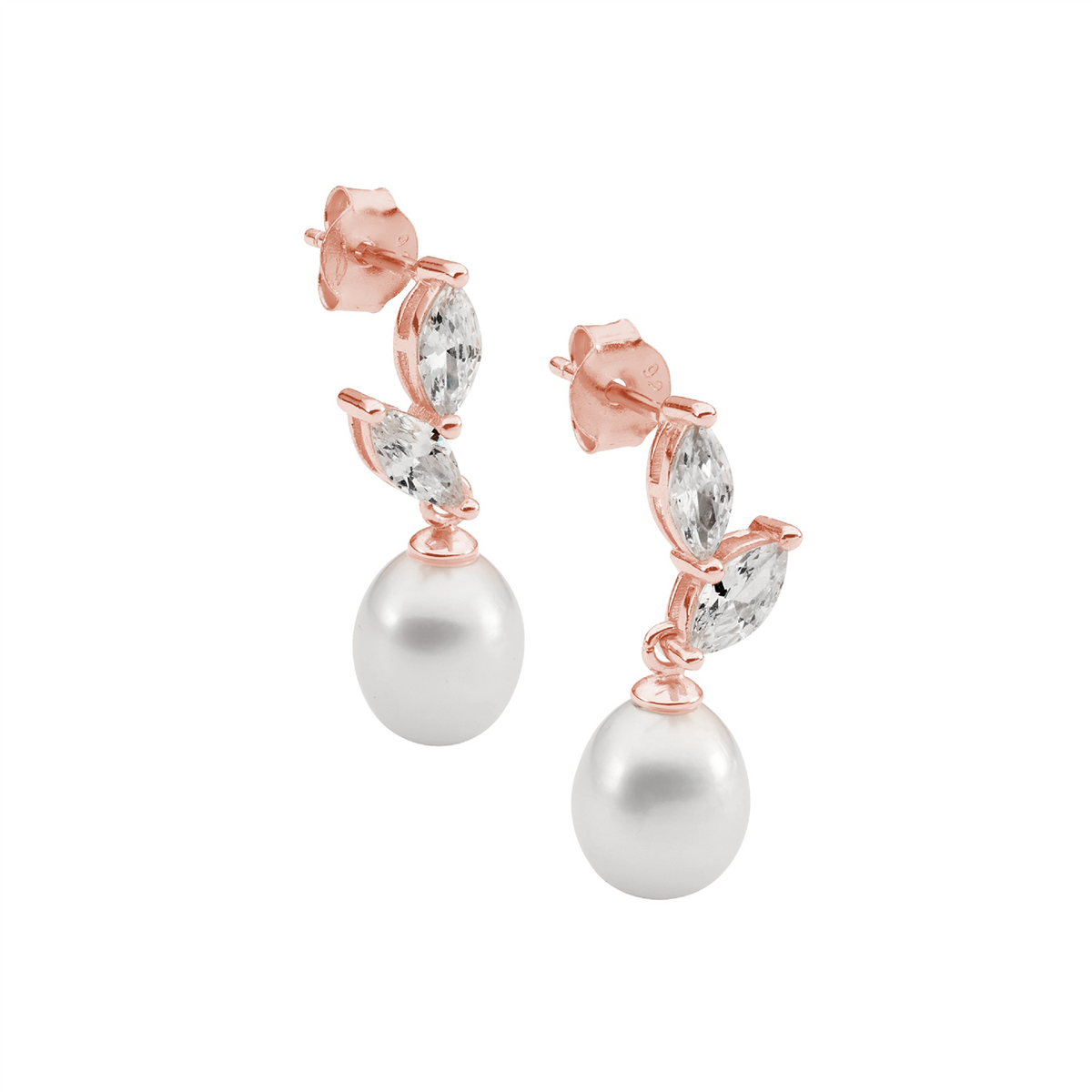 Sterling Silver Drop Earrings w/Freshwater Pearl | Rose Gold Plating
