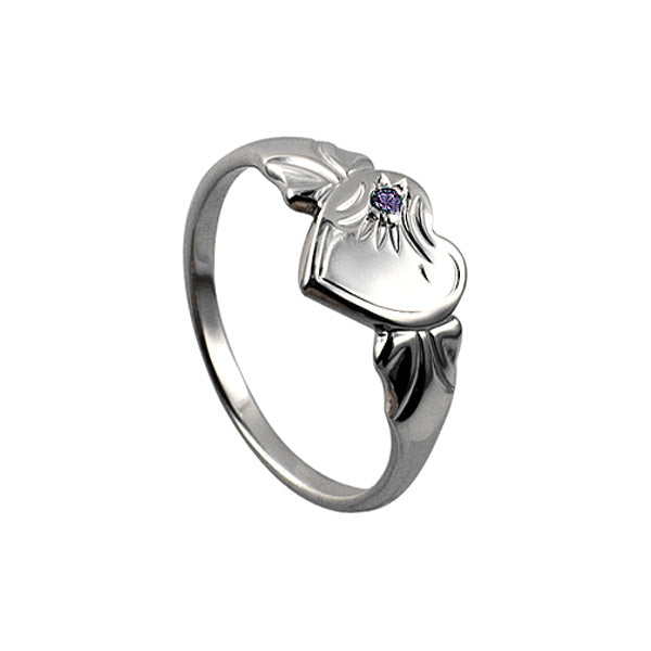 Sterling Silver Single heart February Birthstone Signet Ring | J