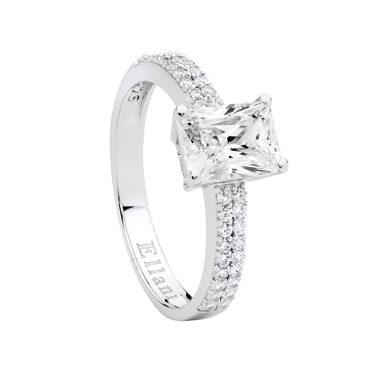 Sterling Silver 6x8 Solitaire with Double Row Cubic Zirconia Band Ring