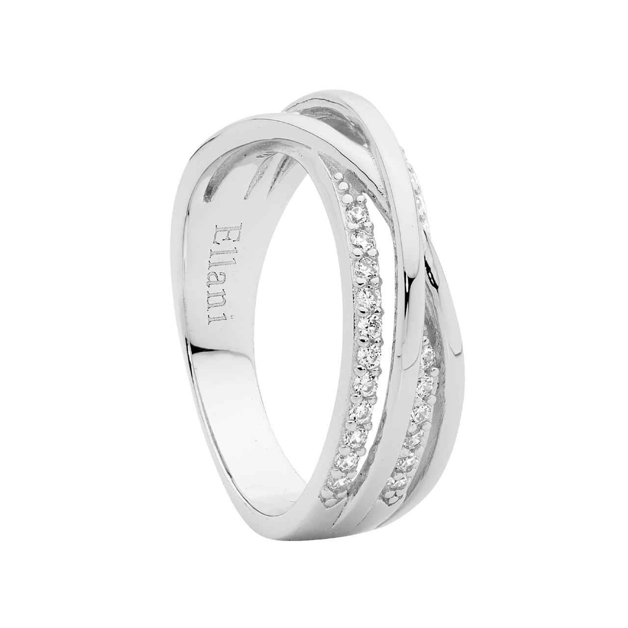 Sterling Silver Cubic Zirconia & Plain Cross Over Band Ring