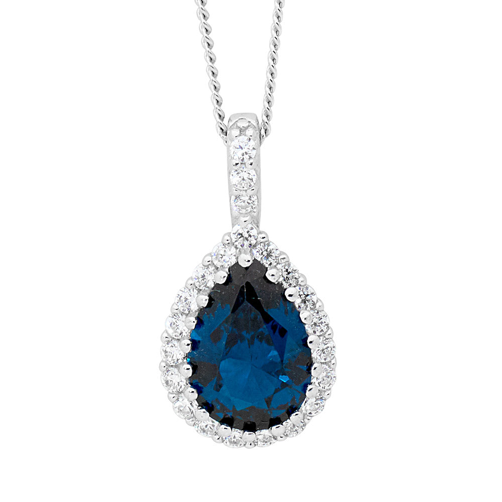 Sterling Silver Pear Shaped Pendant with Blue & White Cubic Zirconia's