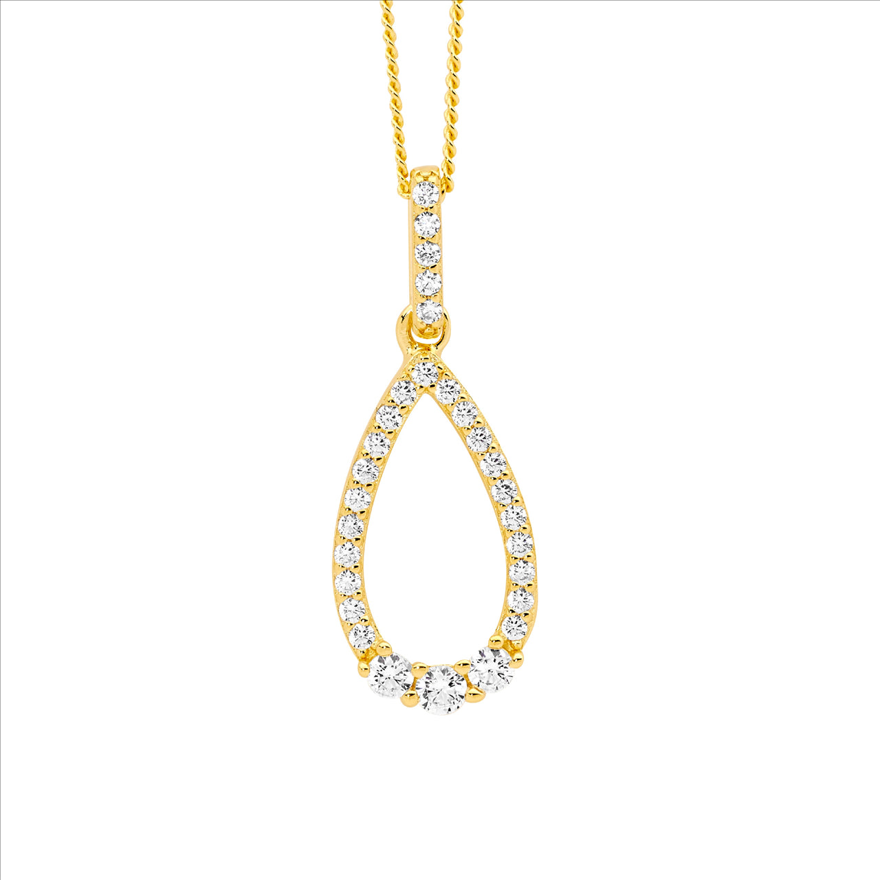 SS WH CZ open tear drop pendant,3x cz feature w/gold plating