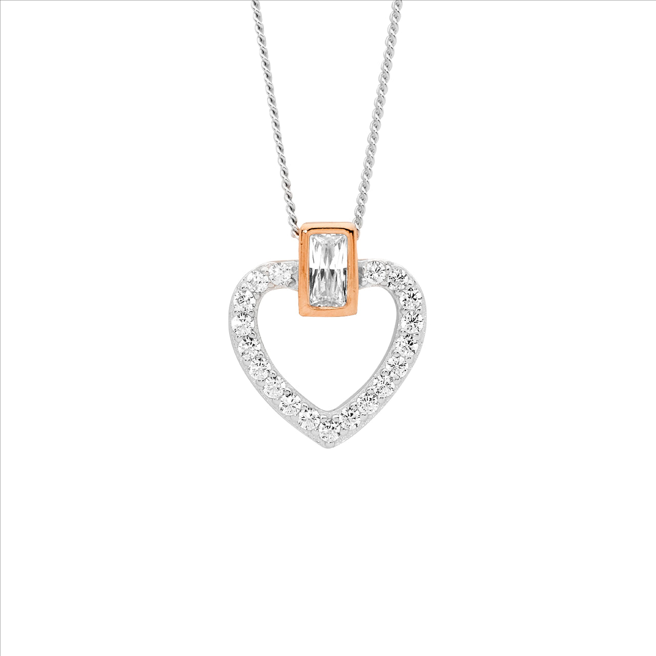 Sterling Silver Open Heart Pendant with Cubic Zirconia