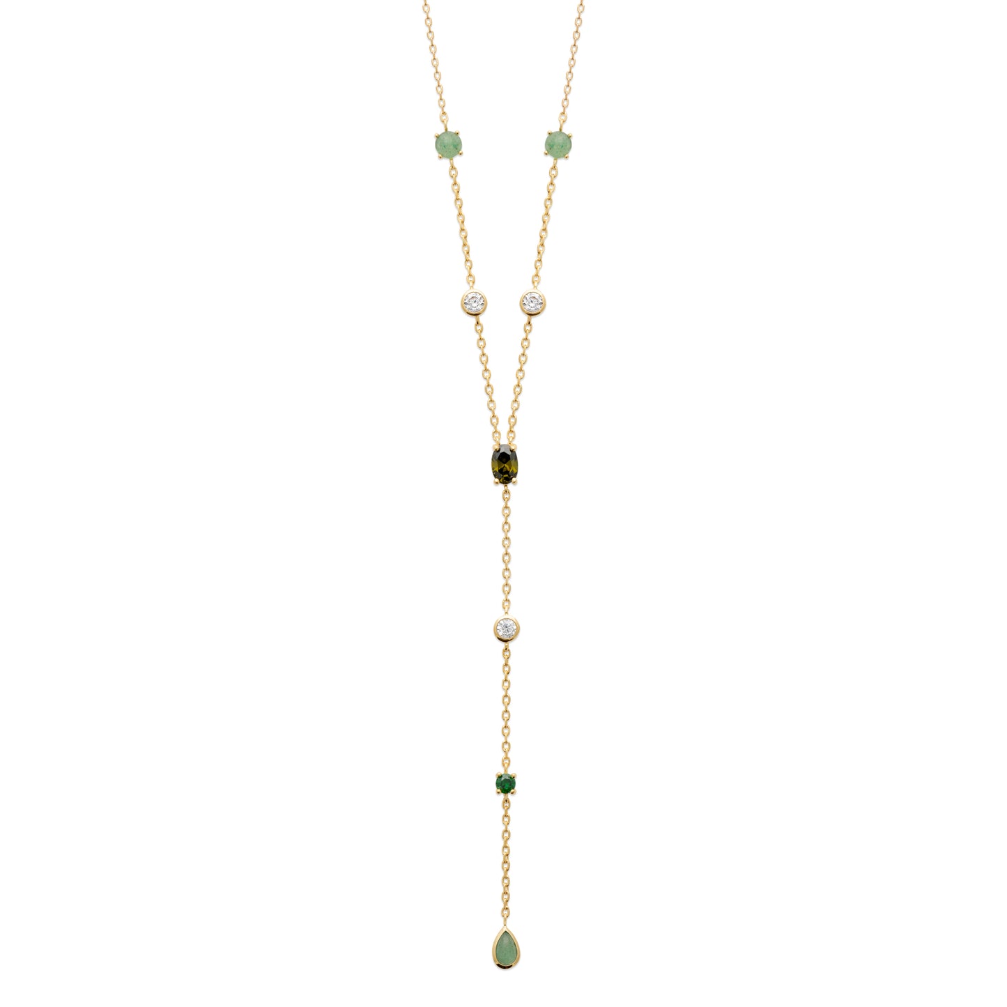 18ct Yellow Gold Plated Alloy CZ & Green Synthethic Gem Multishape Drop Necklet 40/45cm