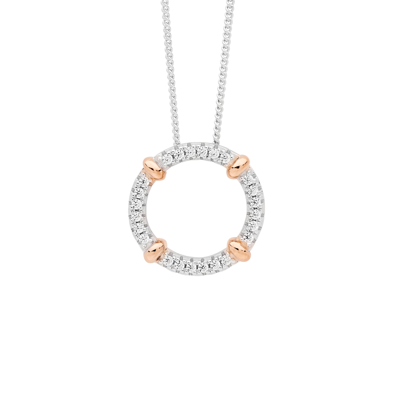 Sterling Silver Cubic Zirconia Circle Pendant w/ 4x Rose Gold Plated Bands
