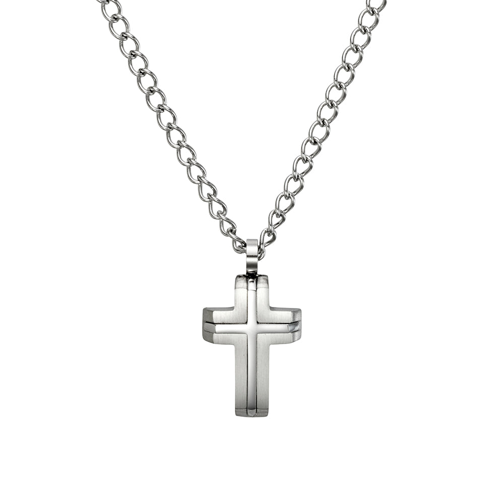 Stainless Steel Mens Brushed Cross Pendant Necklace