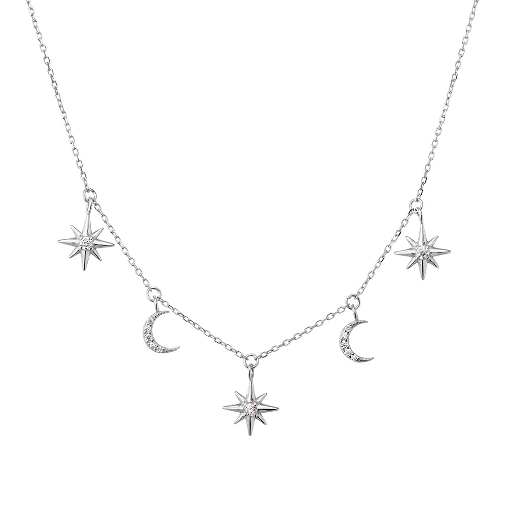 Sterling Silver Cubic Zirconia Star and Moon Necklace