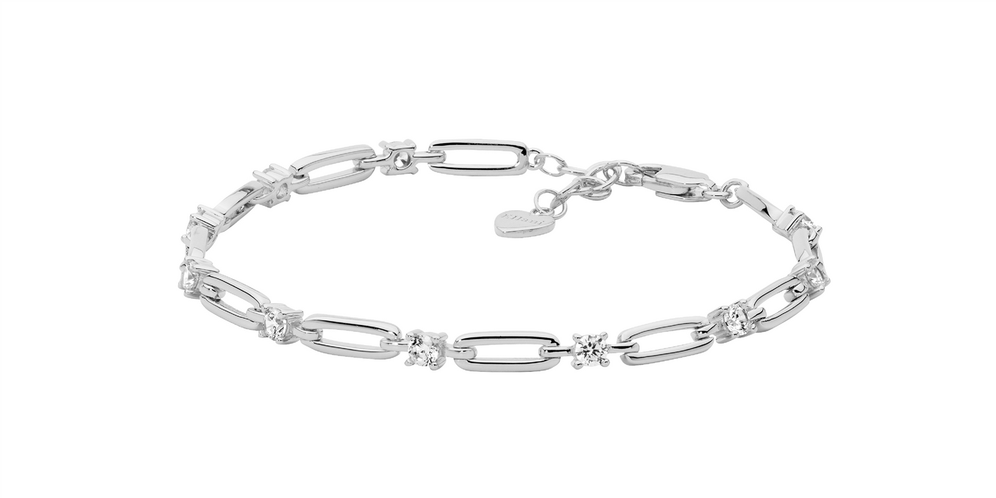 Sterling Silver Open Oval Link, CZ Bracelet w/ext Chain