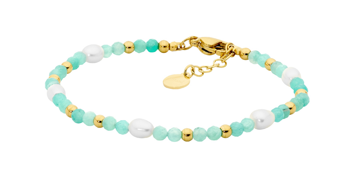 Stainless Steel Amazonite & Freshwater Pearl Bracelet | Gold IP Plating