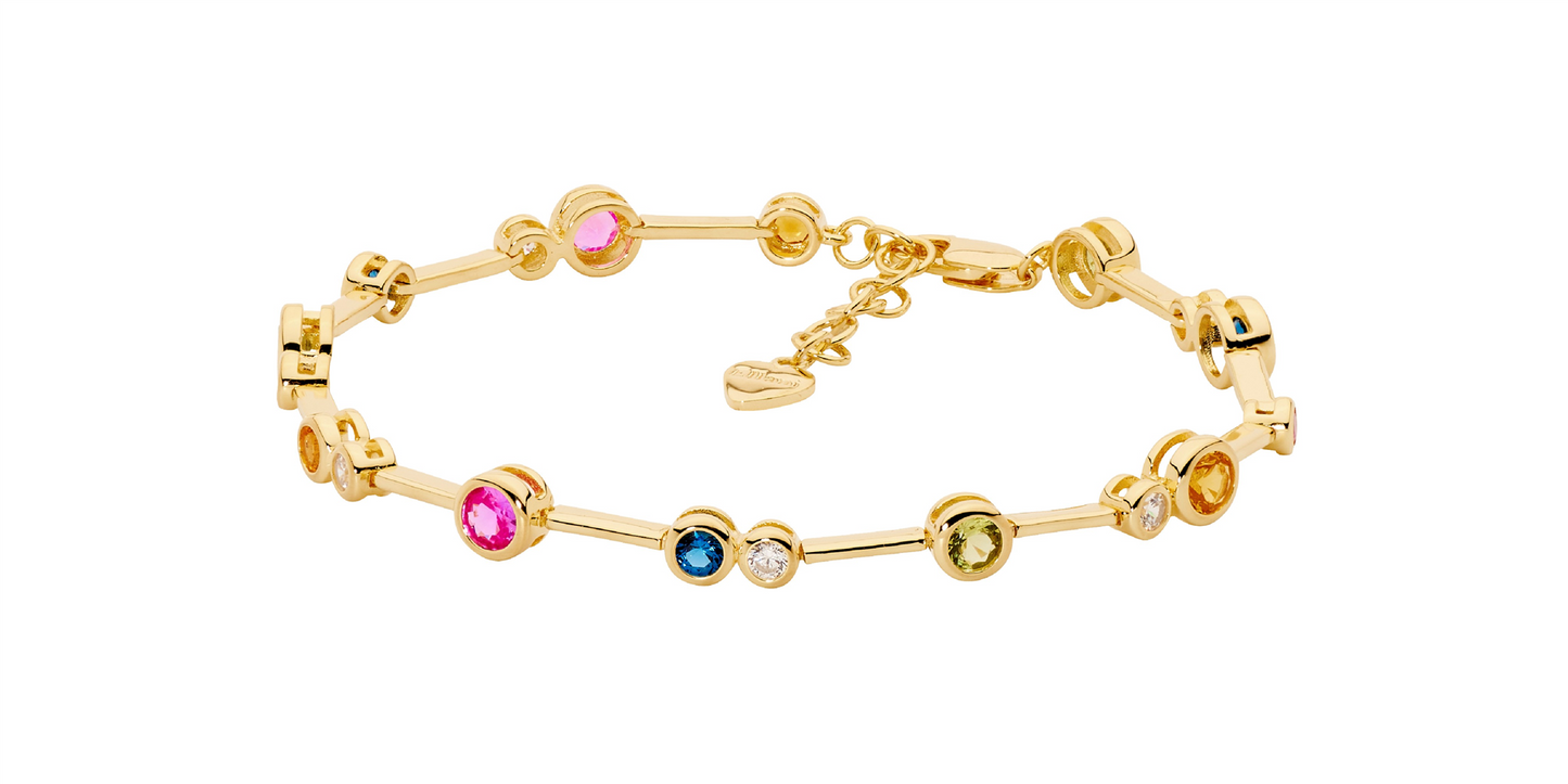 Sterling Silver Multi Colour Cubic Zirconia Bar Bracelet w/ext Chain | Gold Plating