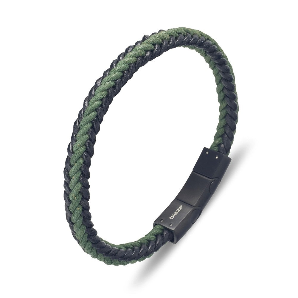 Black Stainless Mens Rustic Leather Bangle | Green