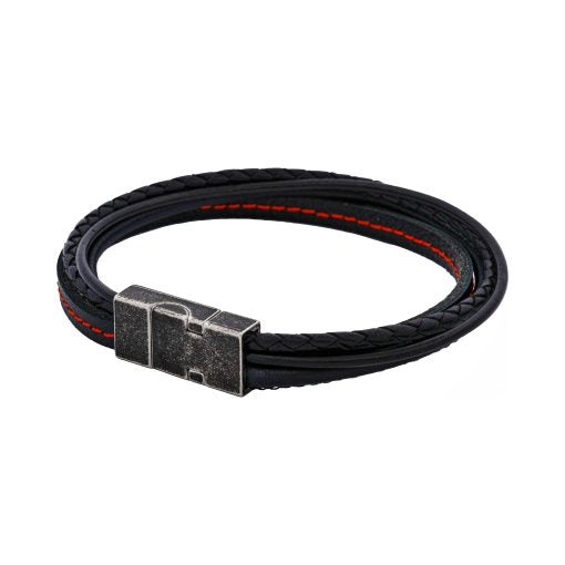 Black & Red Leather Bracelet w/ Metal Clasp