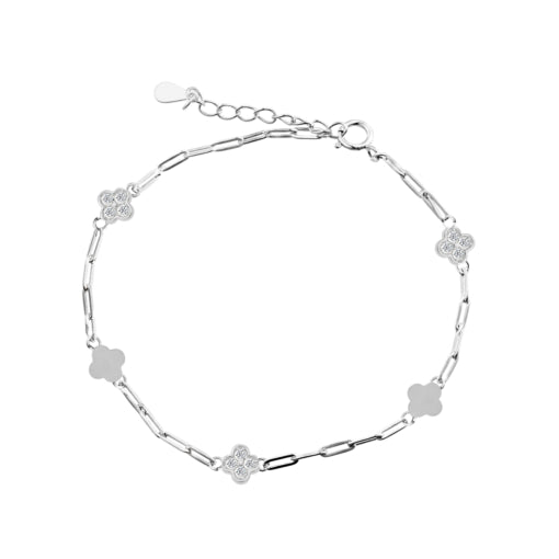 Sterling Silver Paperclip Link Floral Design Bracelet