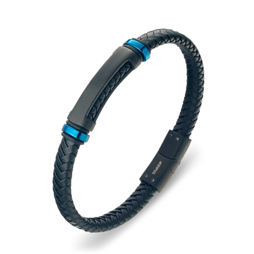 Stainless Steel Black Leather Bangle