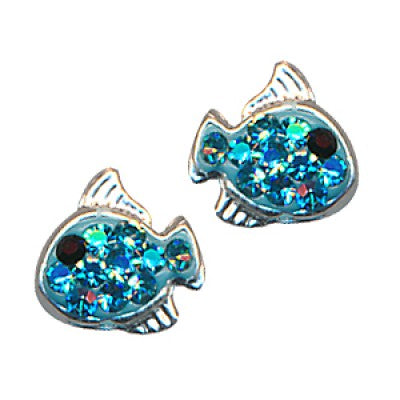 Sterling Silver Aqua Crystal Fish studs